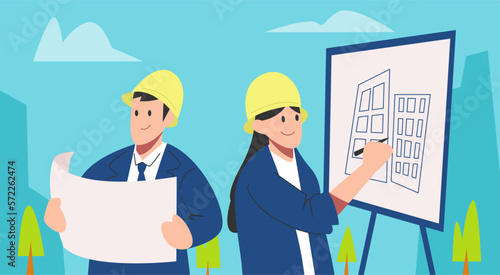 architects, engineers men and women. see blueprints, draw construction design sketches. wearing a hard hat. flat vector graphic design.
