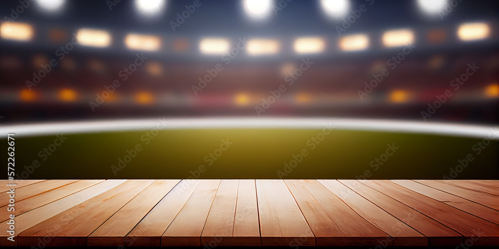 Empty wooden table top product display showcase stage with large sports stadium background. Generative ai