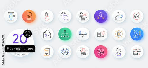 Artificial intelligence, Balance, Refer friend line icons. Bicolor outline web elements. Continuing education, Methodology and Exhibitors icons. Swipe up, Elastic, Click here, Refer. Vector