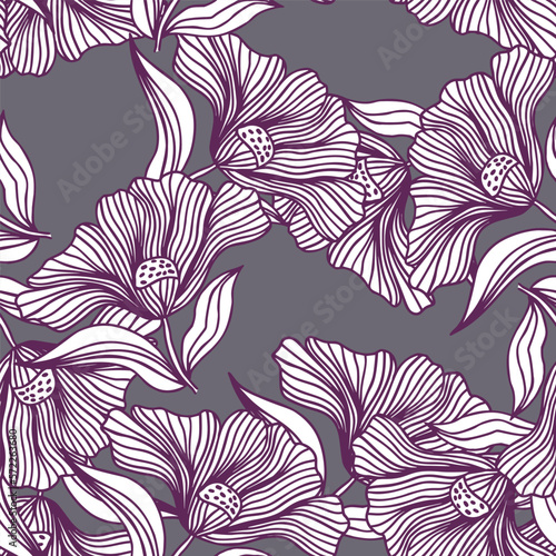 Beautiful flower line seamless pattern ornament. Floral vintage outline endless background. Retro style.