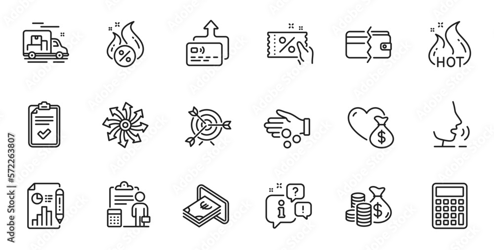 Outline set of Donation, Accounting and Checklist line icons for web application. Talk, information, delivery truck outline icon. Include Calculator, Report document, Target icons. Vector