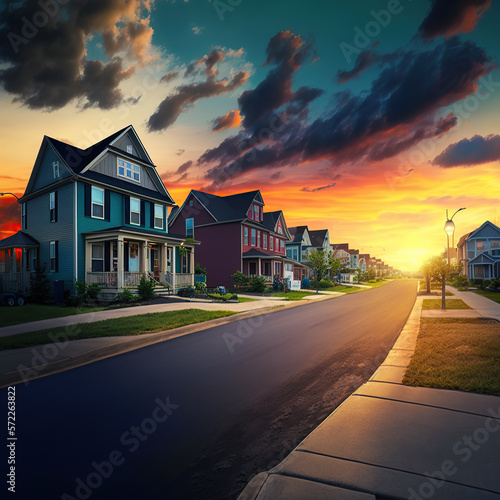 modern upper middle class single family houses American real estate in a new construction in Maryland USA colorful dramatic sky Neighborhood street sunset panorama