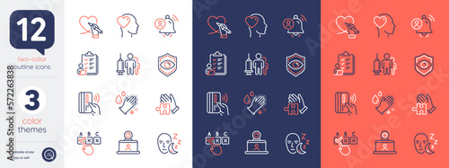 Set of Correct checkbox, Sleep and Medical vaccination line icons. Include Washing hands, Puzzle, Video conference icons. Checklist, Social care, User notification web elements. Vector