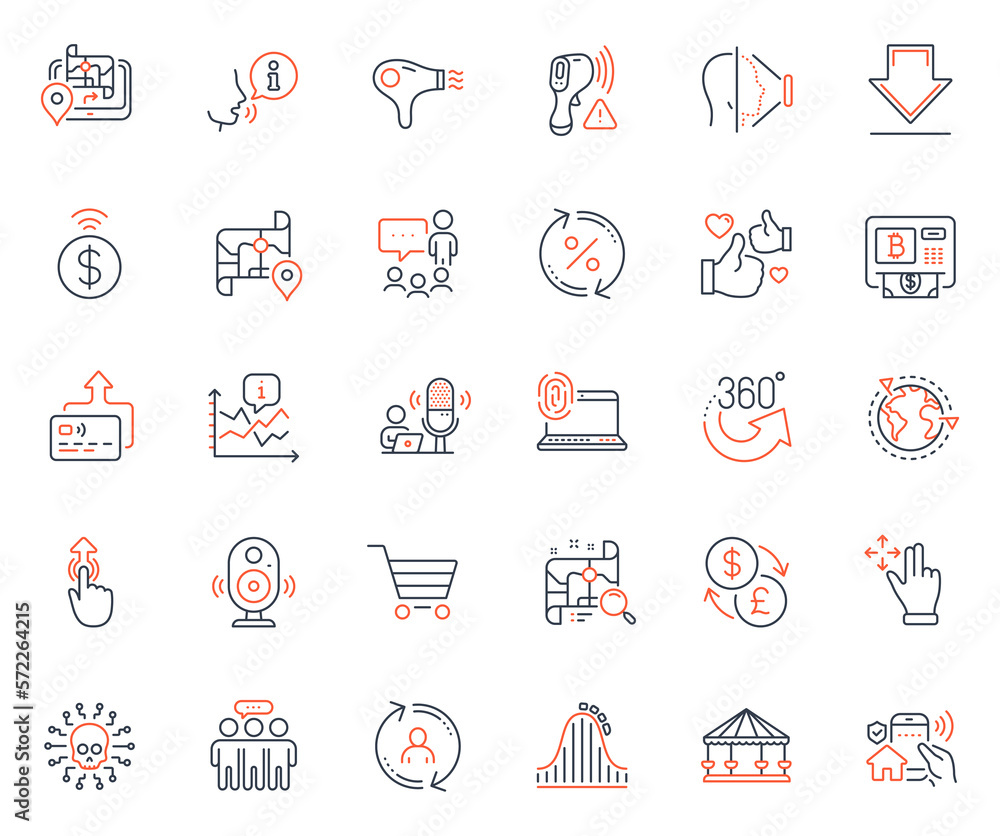 Technology icons set. Included icon as Cyber attack, Downloading and Chart web elements. Map, Move gesture, Face id icons. Like, People chatting, Gps web signs. Employees group. Vector