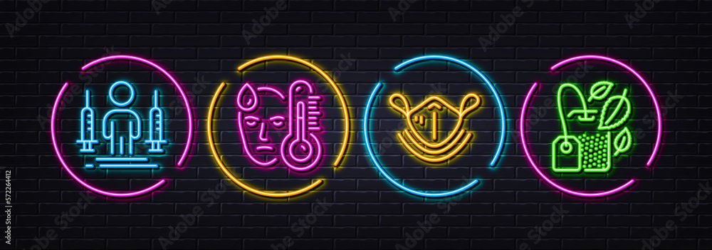 Fever, Coronavirus injections and Medical mask minimal line icons. Neon laser 3d lights. Mint bag icons. For web, application, printing. Temperature, People vaccination, Respirator. Mentha tea. Vector