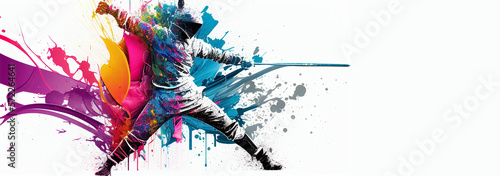 Fencing sport macth attack colorful splash horizontal banner on white background copy space. Generative AI illustration