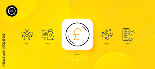 Scissors, Pound money and Sharing economy minimal line icons. Yellow abstract background. Cyber attack, Presentation board icons. For web, application, printing. Vector