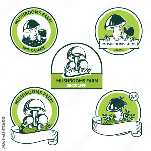 Vector Set of Graphic Logo for mushroom farms, companys. Heap greenhouse cultivation fresh mushrooms, farm emblem organic edible fungi with text inscription. Great for Market, packaging, menu, recipe