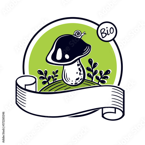 Vector modern organic Logo Boletus edulis (king bolete) isolated on white background with place for name your company. Porcini mushroom hand drawn bio emblem