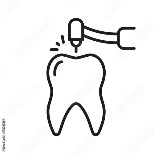 Drilling Tooth Line Icon. Root Canal Treatment Linear Pictogram. Drill Teeth, Endodontics Procedure. Dentistry Outline Symbol. Dental Therapy Sign. Editable Stroke. Isolated Vector Illustration