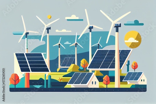 solar panels and wind turbines that use green energy. artwork in a flat design. Generative AI