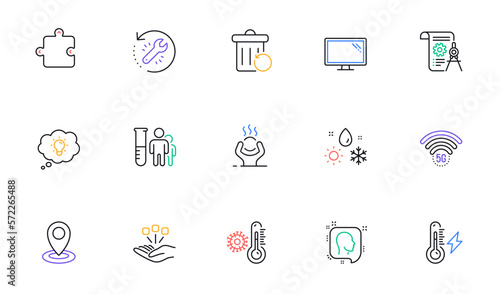 Thermometer, Energy and Electricity power line icons for website, printing. Collection of Recovery trash, Head, Difficult stress icons. 5g wifi, Monitor, Divider document web elements. Vector