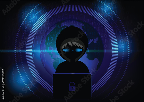 Cybercriminal hacker with laptop stealing personal data of user. Vector illustration.