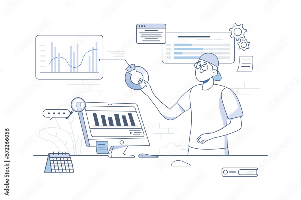 Data analysis line concept with people scene in the flat cartoon style. Employee works on calculations and analysis of various digital data. Vector illustration. Data analysis line concept with people scene in the flat cartoon style. Employee works on calculations and analysis of various digital data. Vector illustration.