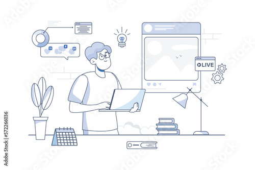 Content manager line concept with people scene in the flat cartoon design. Manager work on making content for different client's web sites. Vector illustration.