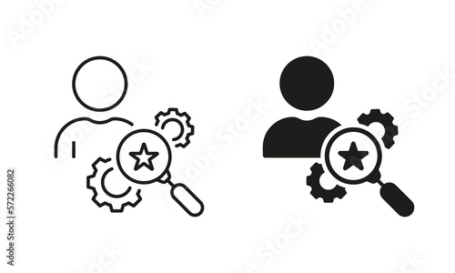 HR Search Person Silhouette and Line Icon Set. Hire on Job, Human Resource Pictogram. Find Talent Employee. Career Hiring, Employment Recruit Agency. Editable Stroke. Isolated Vector Illustration