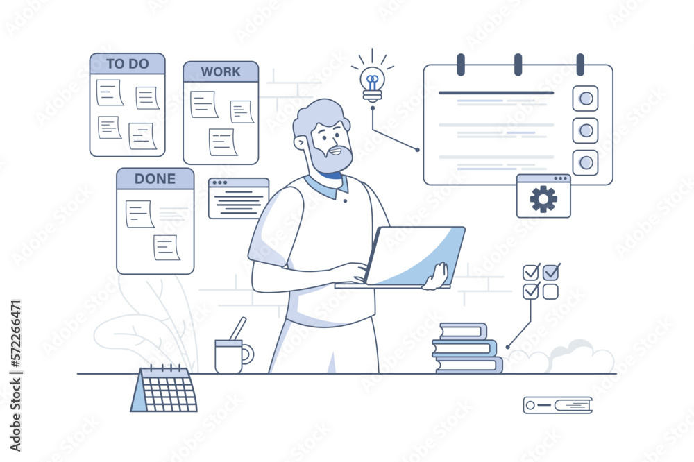 Planning line concept with people scene in the flat cartoon style. Man makes a list of things that need to be done. Vector illustration. Planning line concept with people scene in the flat cartoon style. Man makes a list of things that need to be done. Vector illustration.