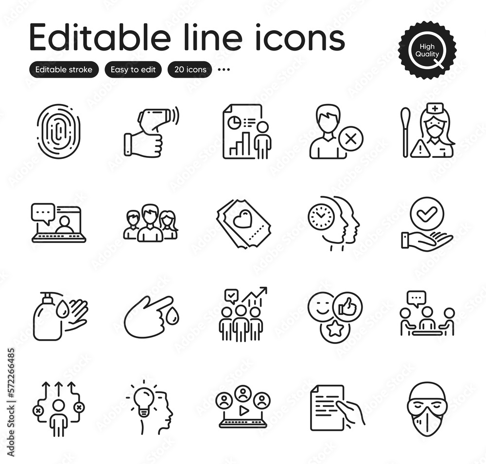 Set of People outline icons. Contains icons as Hold document, Love ticket and Time management elements. Idea, Remove account, Friends chat web signs. Like, Video conference. Vector Set of People outline icons. Contains icons as Hold document, Love ticket and Time management elements. Idea, Remove account, Friends chat web signs. Like, Video conference. Vector
