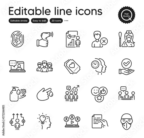 Set of People outline icons. Contains icons as Hold document, Love ticket and Time management elements. Idea, Remove account, Friends chat web signs. Like, Video conference. Vector