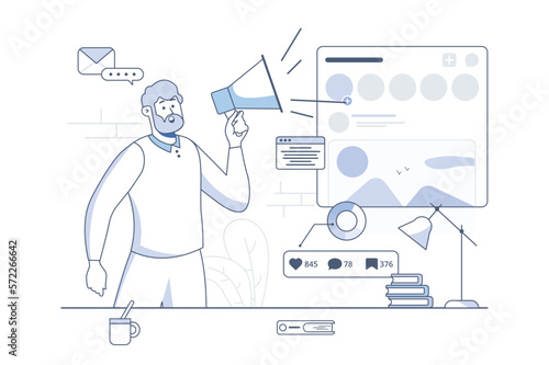 Social media line concept with people scene in the flat cartoon style. Man works with a social networks. Vector illustration.