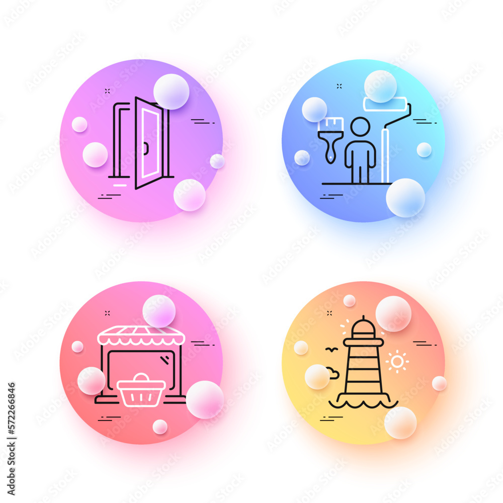 Painter, Online market and Open door minimal line icons. 3d spheres or balls buttons. Lighthouse icons. For web, application, printing. Paint brush, Shopping cart, Entrance. Beacon tower. Vector Painter, Online market and Open door minimal line icons. 3d spheres or balls buttons. Lighthouse icons. For web, application, printing. Paint brush, Shopping cart, Entrance. Beacon tower. Vector