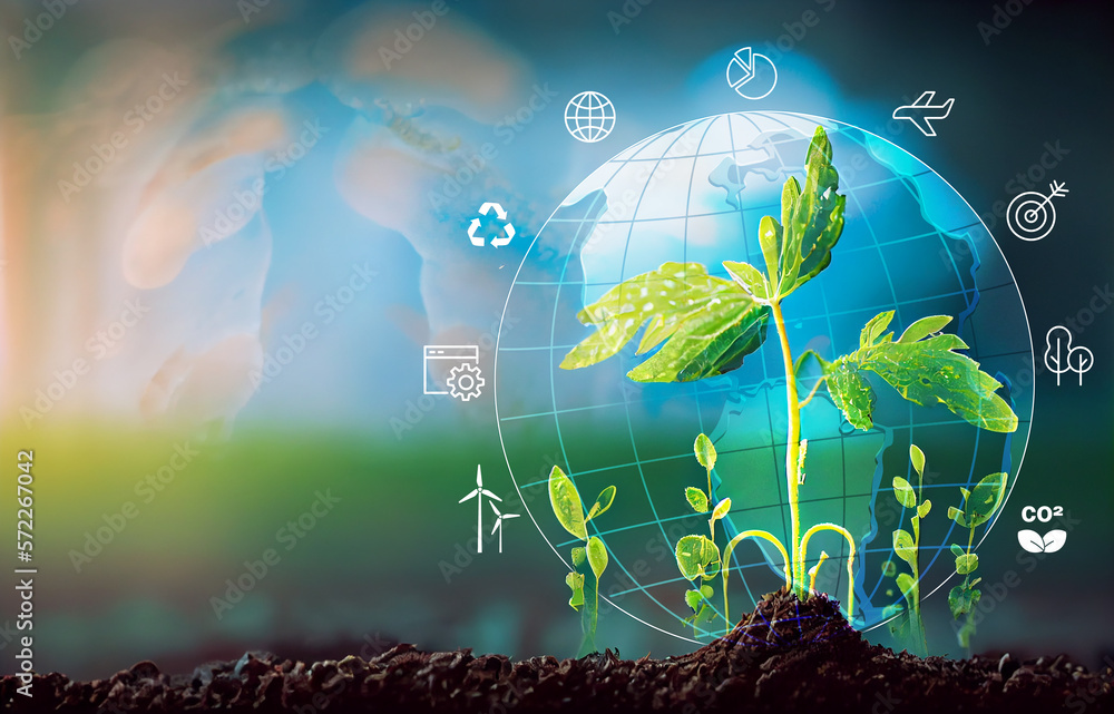 young green plants growing Environment technology Infographics hologram