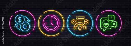 Currency exchange, Time and Correct answer minimal line icons. Neon laser 3d lights. Cyber attack icons. For web, application, printing. Money transfer, Clock, Approved. Darknet chat. Vector
