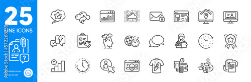Outline icons set. Cloud system, Lightning bolt and T-shirt design icons. Secure mail, Ranking stars, Web report web elements. Woman read, Budget accounting, Checklist signs. Vector