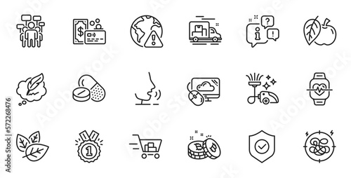 Outline set of Shopping cart, Approved and Vacuum cleaner line icons for web application. Talk, information, delivery truck outline icon. Include Cloud computing, Organic tested, Apple icons. Vector