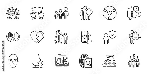 Outline set of Dating app, Online voting and Income money line icons for web application. Talk, information, delivery truck outline icon. Include Search people, Inspect, Move gesture icons. Vector