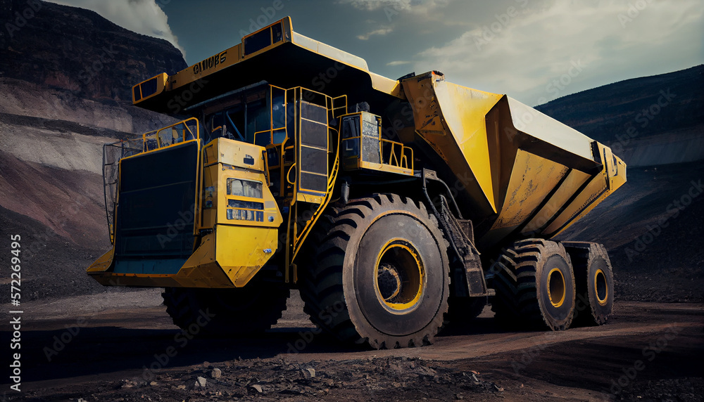 Fototapeta premium Large quarry dump truck in coal mine. Mining equipment for the transportation of minerals.