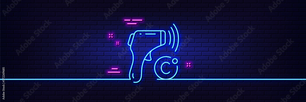 Neon light glow effect. Electronic thermometer line icon. Temperature scanner sign. Fever measuring symbol. 3d line neon glow icon. Brick wall banner. Electronic thermometer outline. Vector Neon light glow effect. Electronic thermometer line icon. Temperature scanner sign. Fever measuring symbol. 3d line neon glow icon. Brick wall banner. Electronic thermometer outline. Vector