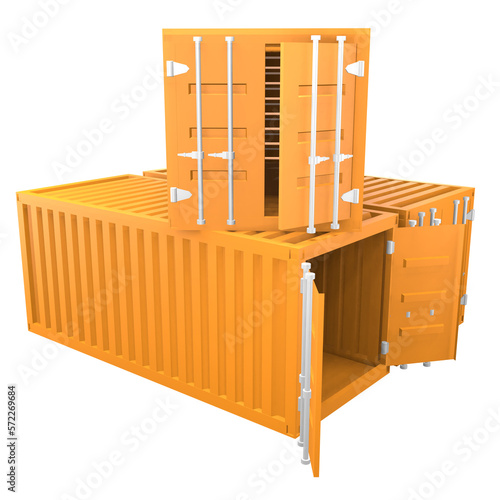 3D design of cargo containers for storage transportation illustration. 3D design of two orange colored cargo with open and closed doors