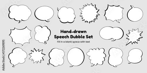 Set of simple, hand-drawn speech bubbles or balloons, including dialogue, comic text, and word balloons. Vector illustrations.