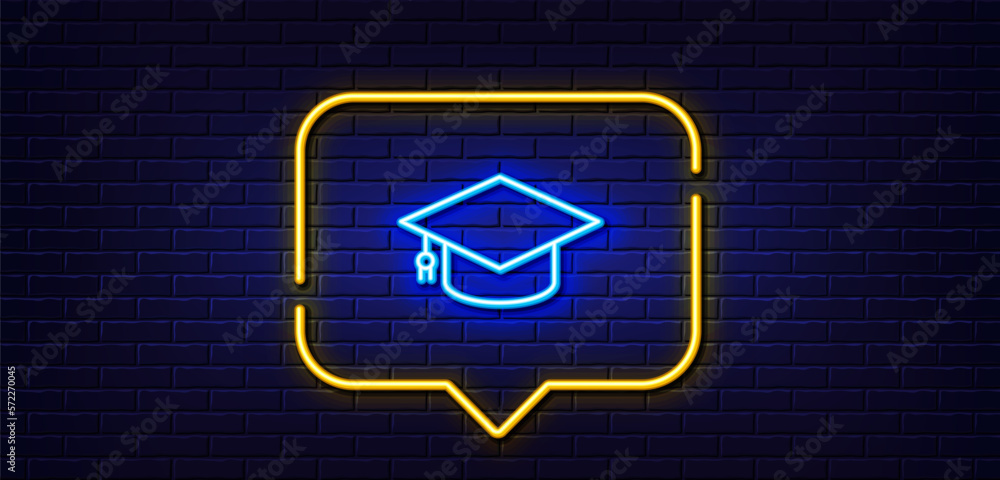 Neon light speech bubble. Graduation cap line icon. Education sign. Student hat symbol. Neon light background. Graduation cap glow line. Brick wall banner. Vector Neon light speech bubble. Graduation cap line icon. Education sign. Student hat symbol. Neon light background. Graduation cap glow line. Brick wall banner. Vector