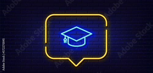 Neon light speech bubble. Graduation cap line icon. Education sign. Student hat symbol. Neon light background. Graduation cap glow line. Brick wall banner. Vector