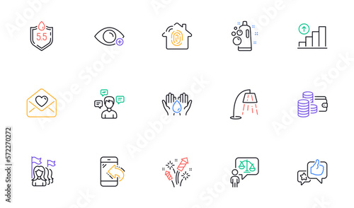 Love letter, Graph chart and Safe water line icons for website, printing. Collection of Fireworks rocket, Incoming call, Wallet icons. Fingerprint access, Feminism, Stand lamp web elements. Vector