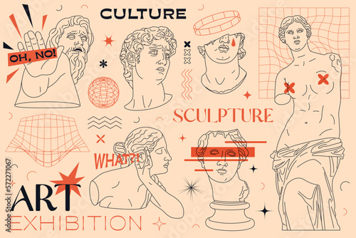 A set of Greek ancient statues. Line Modern trendy eclectic style. Background template for the exhibition with sculptures. Editable stroke