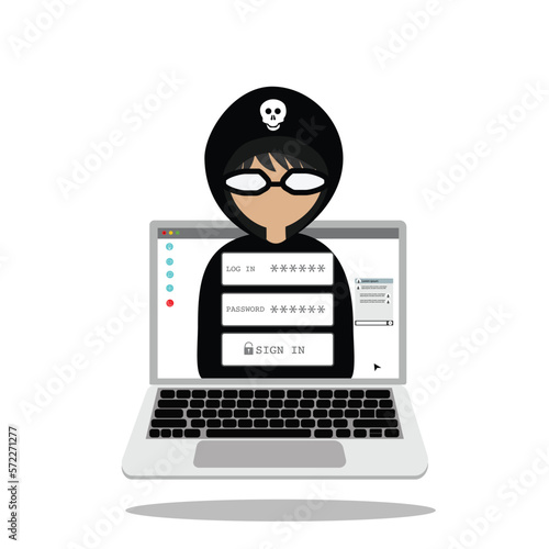Cybercriminal hacker with laptop stealing personal data of user. Vector illustration.
