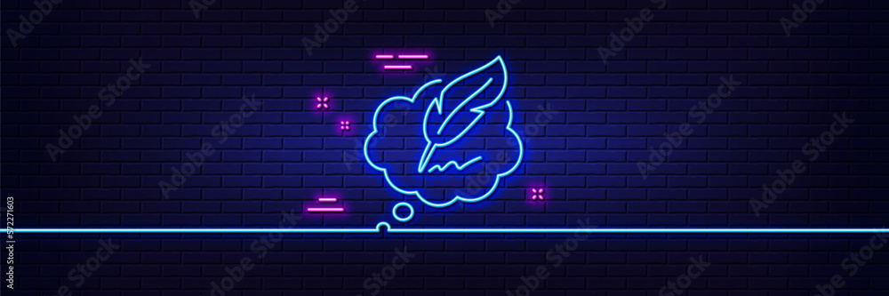 Neon light glow effect. Copywriting speech bubble line icon. Feather sign. Copyright symbol. 3d line neon glow icon. Brick wall banner. Copyright chat outline. Vector Neon light glow effect. Copywriting speech bubble line icon. Feather sign. Copyright symbol. 3d line neon glow icon. Brick wall banner. Copyright chat outline. Vector