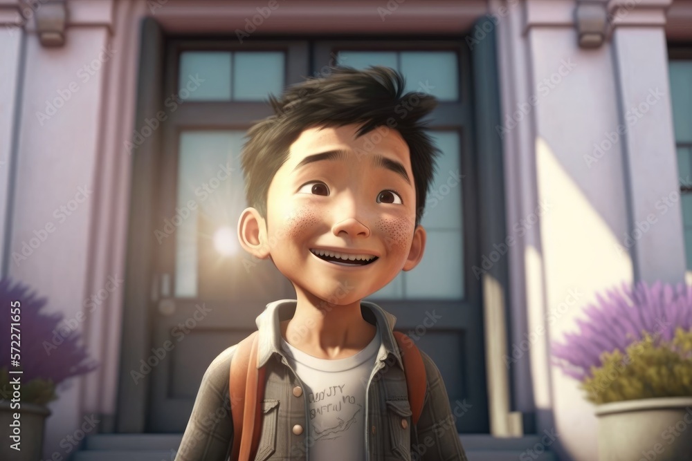 Illustration of cartoonish diverse young students in front of a school - Created with Generative ai Illustration of cartoonish diverse young students in front of a school - Created with Generative ai