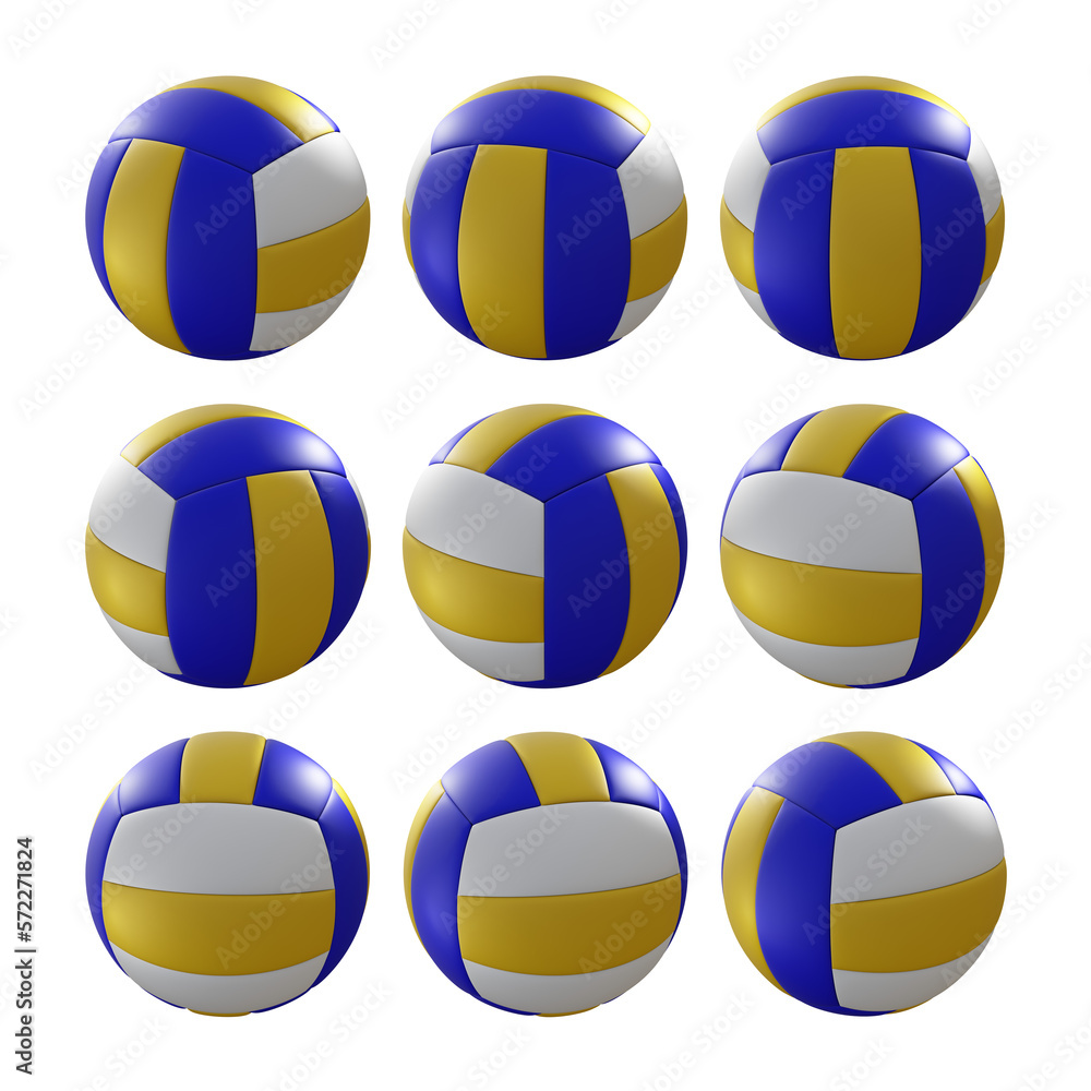 Obraz premium 3d rendering sequential blue white yellow volleyball rotating perspective view