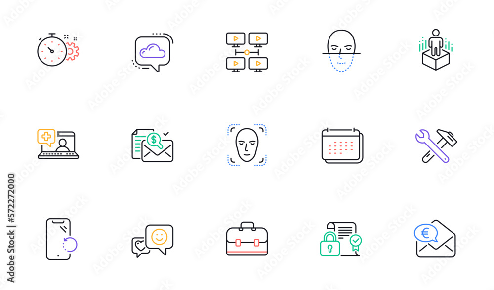 Smartphone recovery, Cloud communication and Augmented reality line icons for website, printing. Collection of Cogwheel timer, Face detection, Medical help icons. Euro money, Smile. Vector
