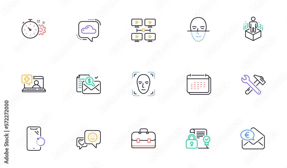 Smartphone recovery, Cloud communication and Augmented reality line icons for website, printing. Collection of Cogwheel timer, Face detection, Medical help icons. Euro money, Smile. Vector Smartphone recovery, Cloud communication and Augmented reality line icons for website, printing. Collection of Cogwheel timer, Face detection, Medical help icons. Euro money, Smile. Vector