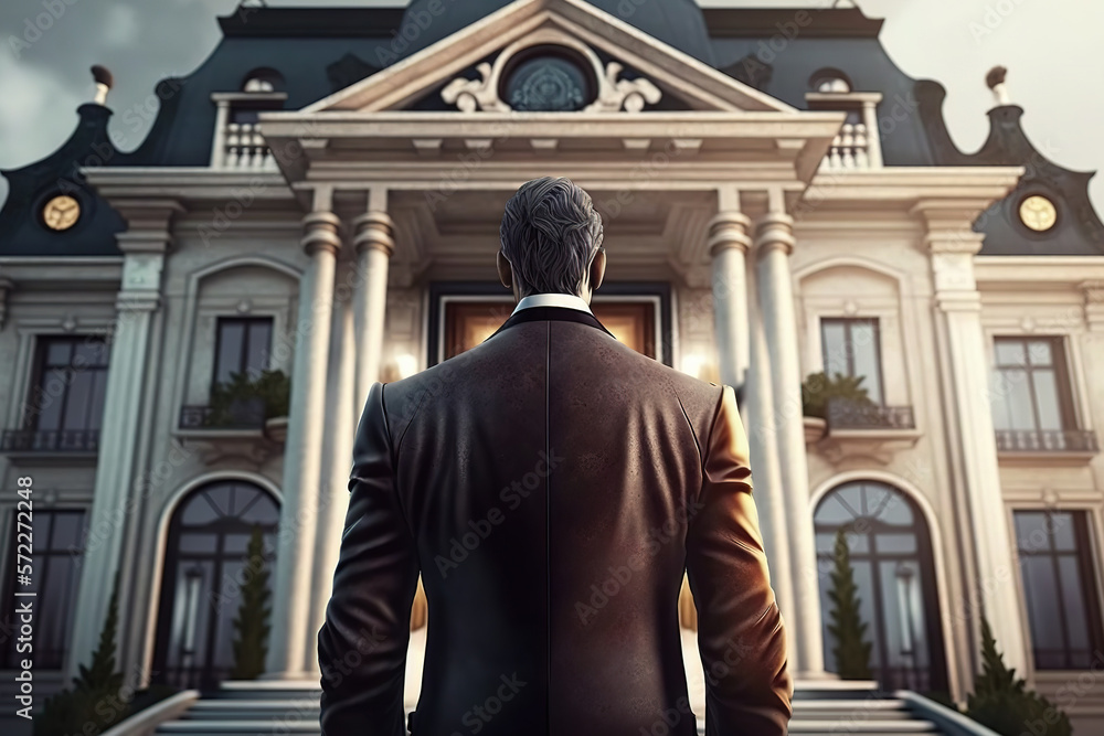 A man is business suit is standing in front of the luxury mansion, Rich man or successful businessman concept. Generative Ai image.	
