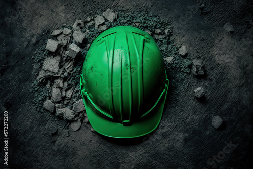 A green construction working safety hardhat or helmet from top view is placed on construction site ground, industrial PPE equipment object. Generative Ai image.	
