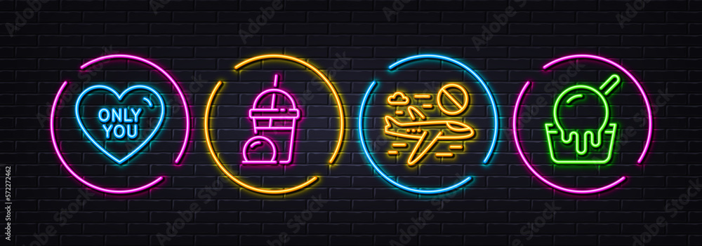 Naklejka premium Cancel flight, Ice cream milkshake and Only you minimal line icons. Neon laser 3d lights. Ice cream icons. For web, application, printing. Closed flights, Sundae milkshake, Love heart. Vector