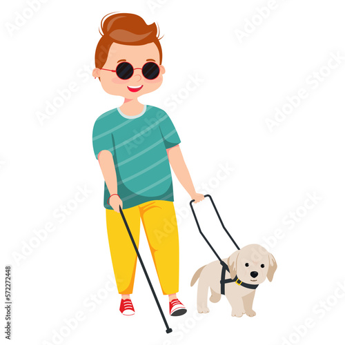 Boy with a guide dog walking. Person who is visually impaired or blind crossing a street with a cane and seeing-eye labrador. Inclusive city space. Isolated cartoon vector illustration
