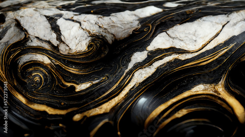 Abstract swirling black and white marble stone wallpaper. Texture imitating painting with running golden details. 3D rendering background for graphic design, banner, illustration © sdecoret