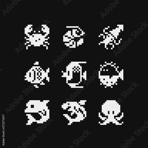 Sea animals pixel art icons set, mosaic design, shrimp, squid, dolphin, tropical fish, octopus, crab, isolated vector flat style illustration. Design for stickers, logo, embroidery and app. 1-bit.